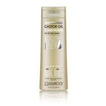 A gold bottle of Giovanni Cosmetics SMOOTHING CASTOR OIL CONDITIONER, 13.5 fl oz (399 mL), for all hair types with natural oils, frizz-taming benefits, and nourishing protection for smooth, shiny hair.