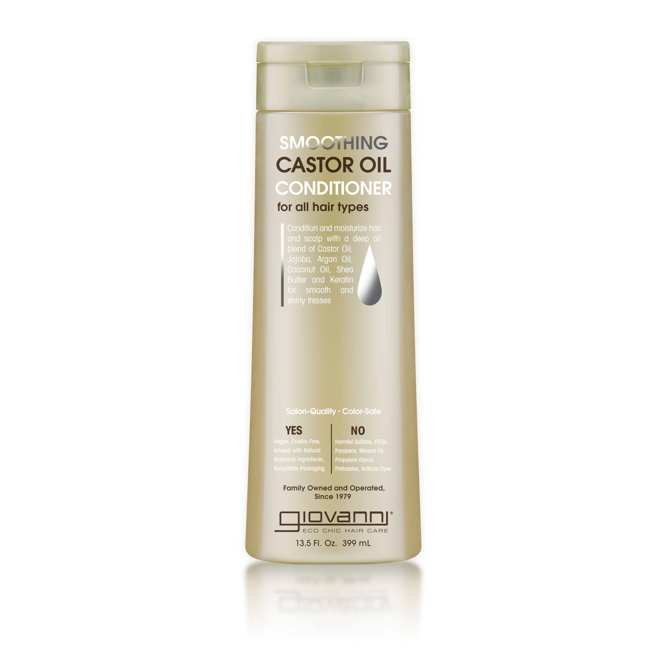 CASTOR OIL HAIR CONDITIONER FOR ALL HAIR TYPES - A gold bottle of Giovanni Cosmetics SMOOTHING CASTOR OIL CONDITIONER, 13.5 fl oz (399 mL), for all hair types with natural oils, frizz-taming benefits, and nourishing protection for smooth, shiny hair.