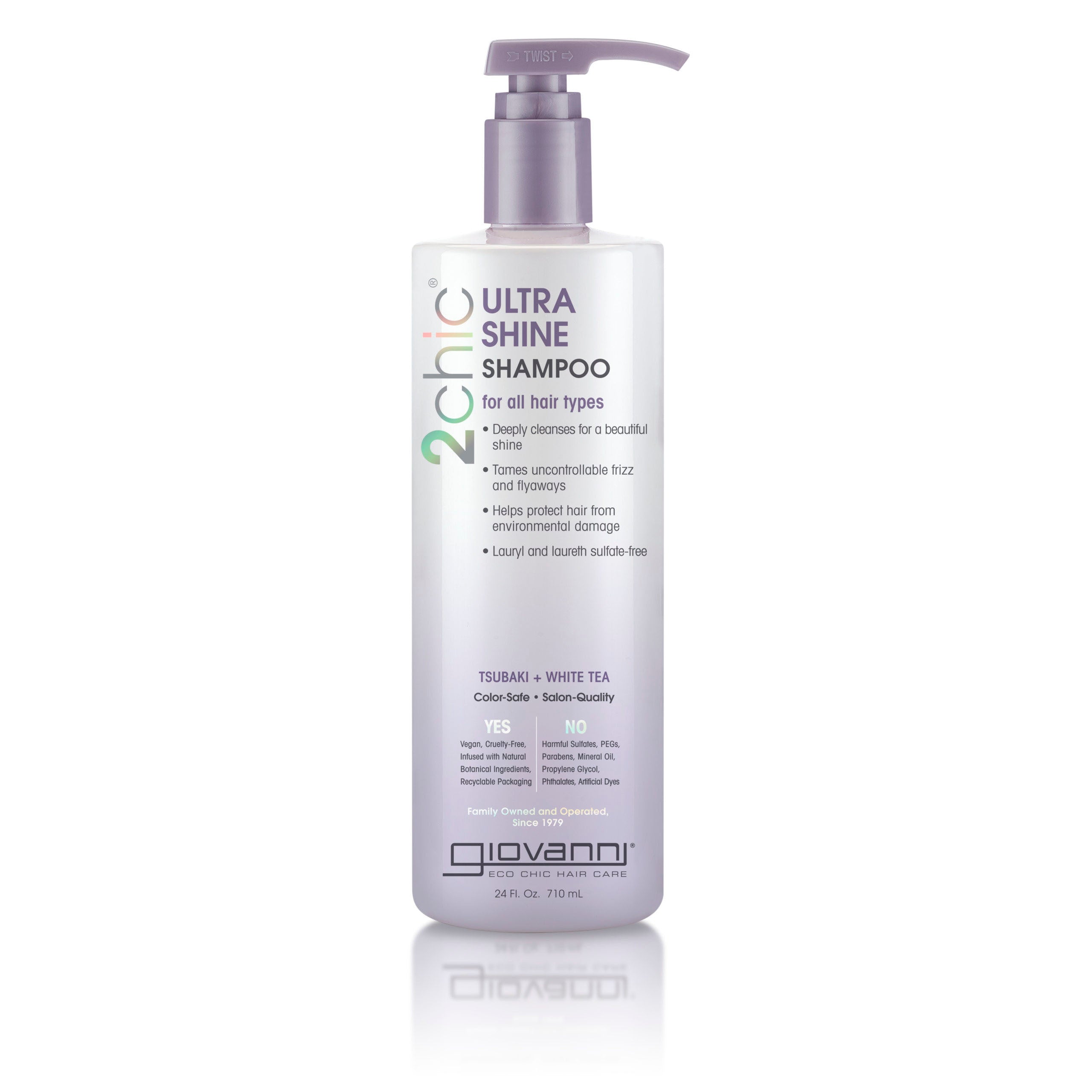 A bottle of Giovanni Cosmetics 2chic® ULTRA-SHINE SHAMPOO, suitable for all hair types and frizzy hair, features a pump dispenser and highlights Tsubaki and White Tea for natural care. Available in 2 sizes.
