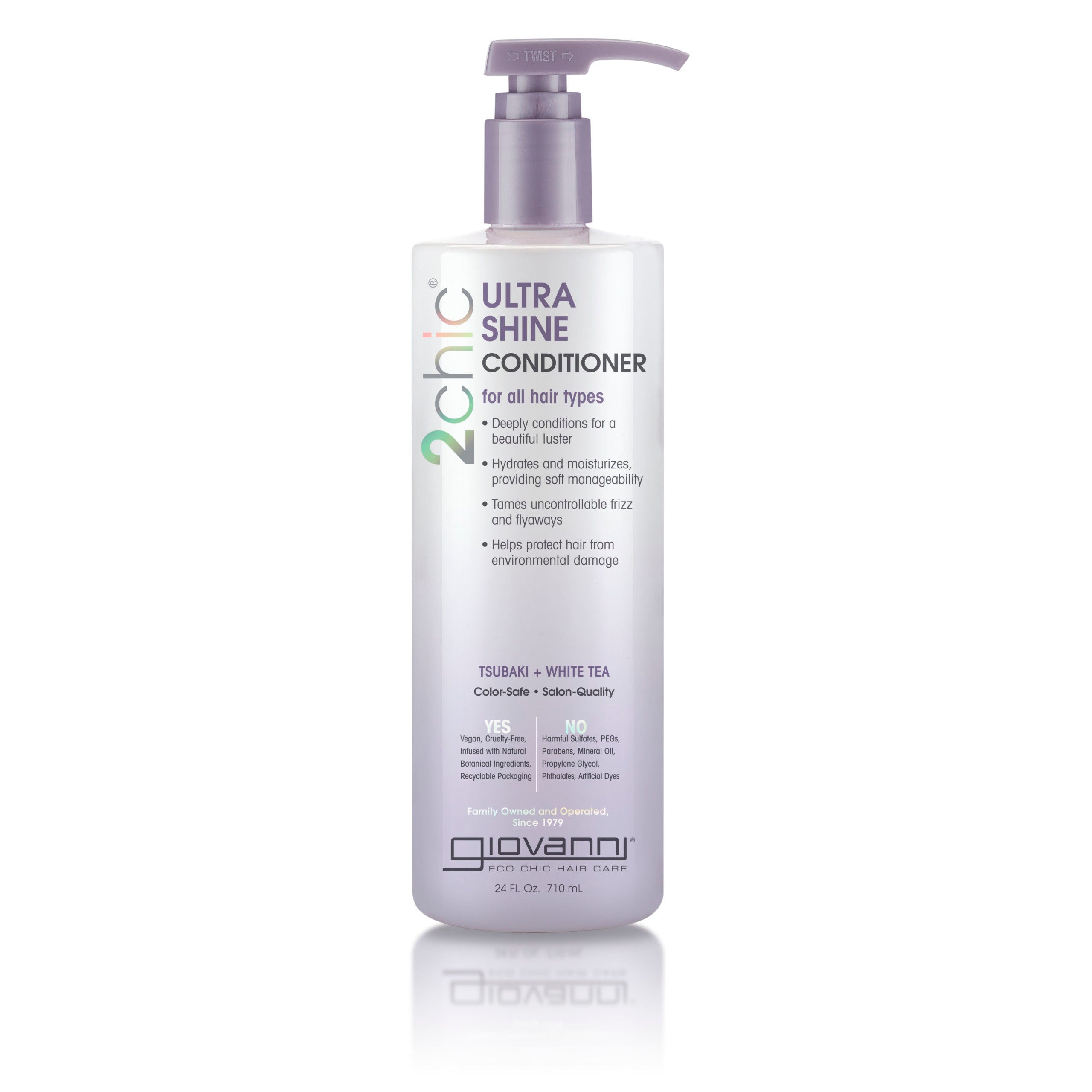 Giovanni Cosmetics 2chic® ULTRA-SHINE CONDITIONER (available in 2 sizes) comes in a white bottle with purple accents and a pump. The formula, with tsubaki and white tea, suits all hair types and helps manage frizz for natural shine.