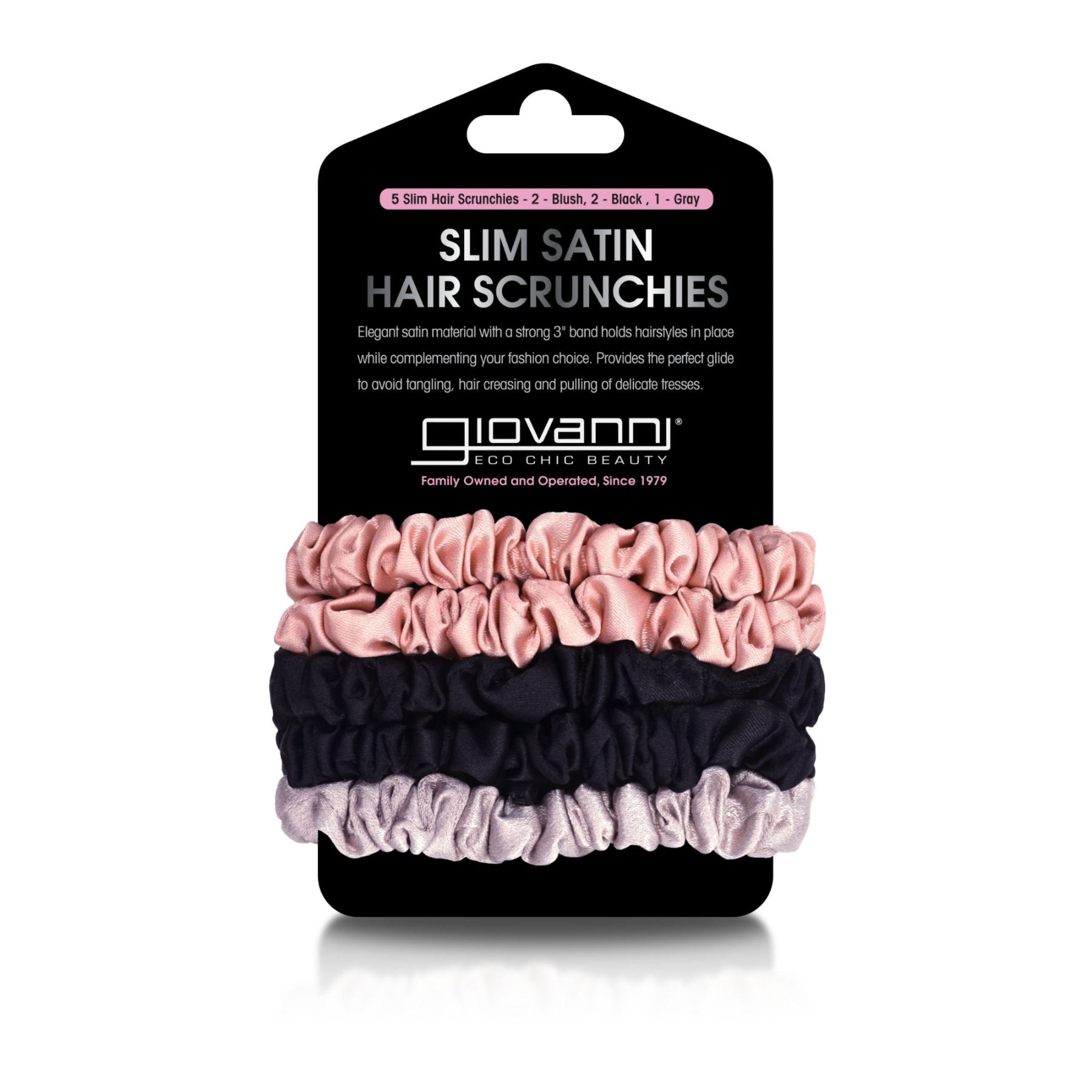 for healthy & stylish looking hair - A 5-pack of SLIM SATIN HAIR SCRUNCHIES in blush, black, and gray by Giovanni Cosmetics is shown on branded packaging, featuring anti-tangle satin bands and product details.
