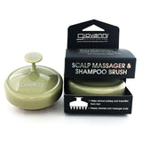 A Giovanni Cosmetics SCALP MASSAGER & SHAMPOO BRUSH with a tan handle is displayed beside its box, which highlights its ability to remove buildup, cleanse, massage the scalp, and support natural hair care for stress relief.