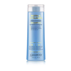 A blue bottle of Giovanni Cosmetics BIOTIN & COLLAGEN STRENGTHENING SHAMPOO, labeled hydrating and vegan, helps boost hair volume for healthy-looking hair; available in 2 sizes, including 13.5 fl oz (399 mL).