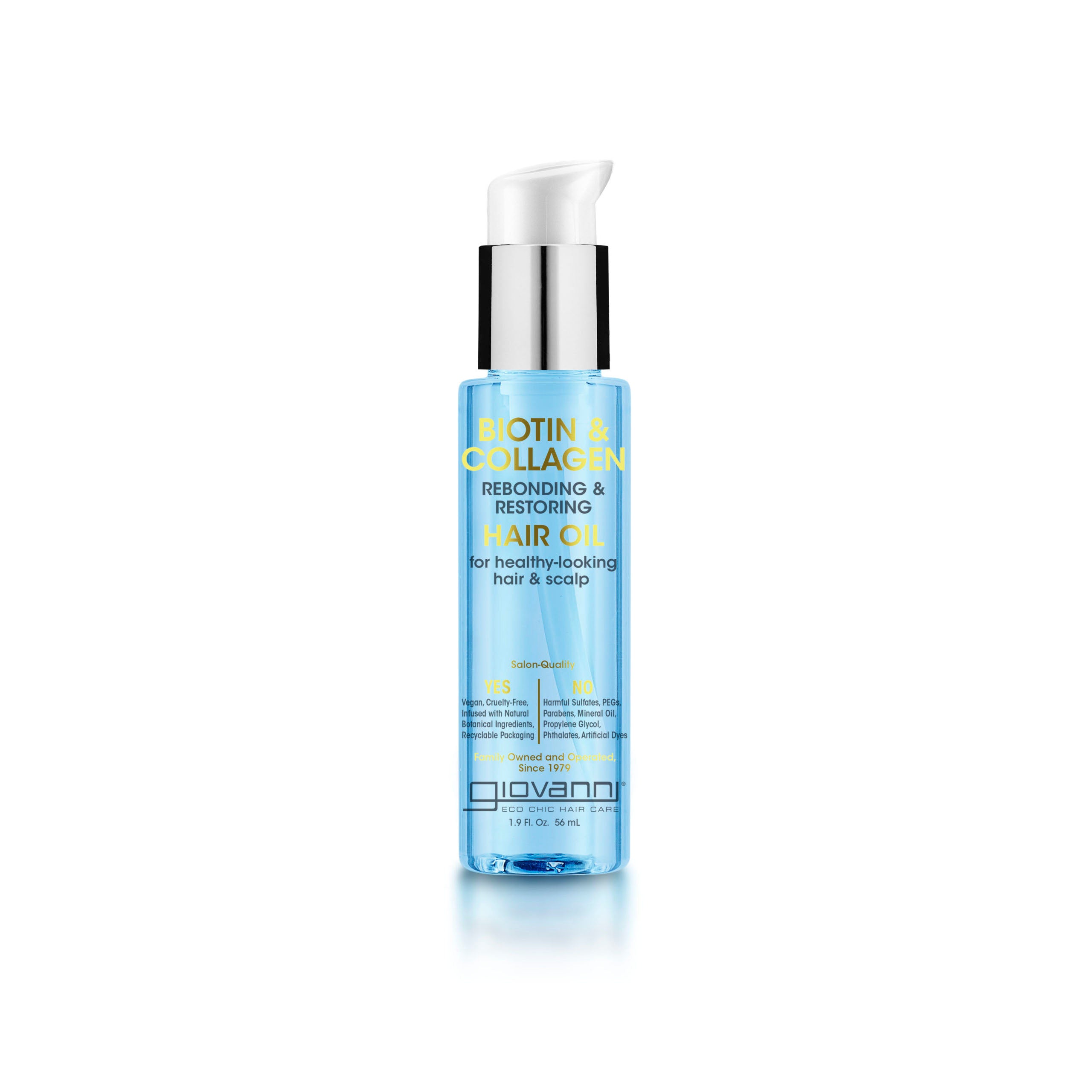 for all hair types - A clear blue bottle of Giovanni Cosmetics BIOTIN & COLLAGEN REBONDING & RESTORING HAIR OIL with a white pump dispenser boosts hair volume and strength, designed for hair and scalp care, shown against a white background.