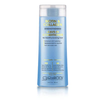 A blue bottle of Giovanni Cosmetics BIOTIN & COLLAGEN LEAVE-IN CONDITIONER with yellow and white text, promotes healthy hair volume and features key ingredients like biotin, collagen, and hyaluronic acid.