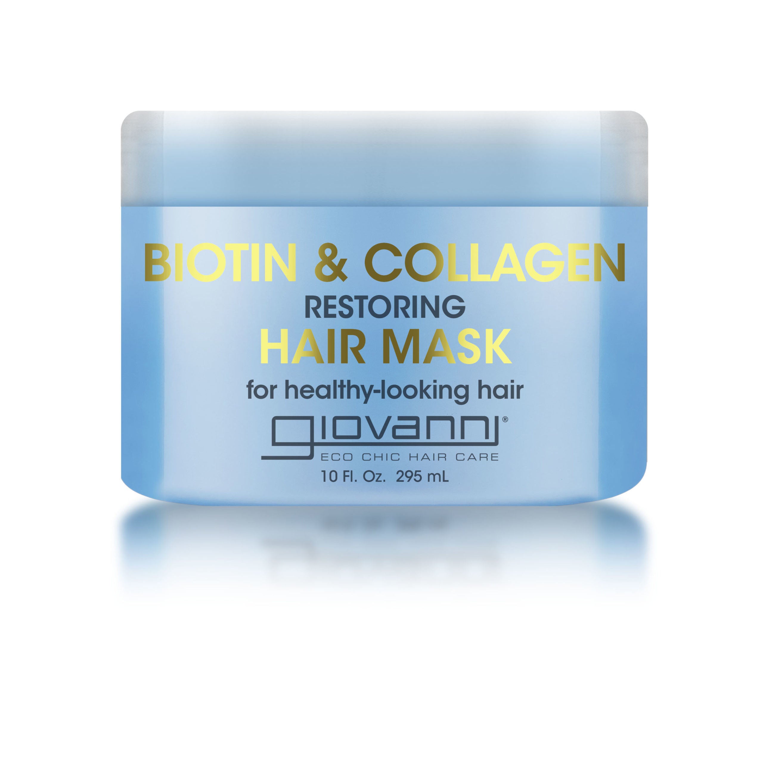 BIOTIN HAIR MASK FOR ALL HAIR TYPES - A blue 10 fl oz (295 ml) container of Giovanni Cosmetics BIOTIN & COLLAGEN RESTORING HAIR MASK features gold and white text and is designed to promote healthy-looking hair and increased volume.