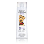 A white 16 fl oz bottle of Giovanni Cosmetics PROFESSIONAL 2-IN-1 PET SHAMPOO & CONDITIONER - LAVENDER & CHAMOMILE, with natural ingredients and an illustrated dog with a red bow tie on the label.