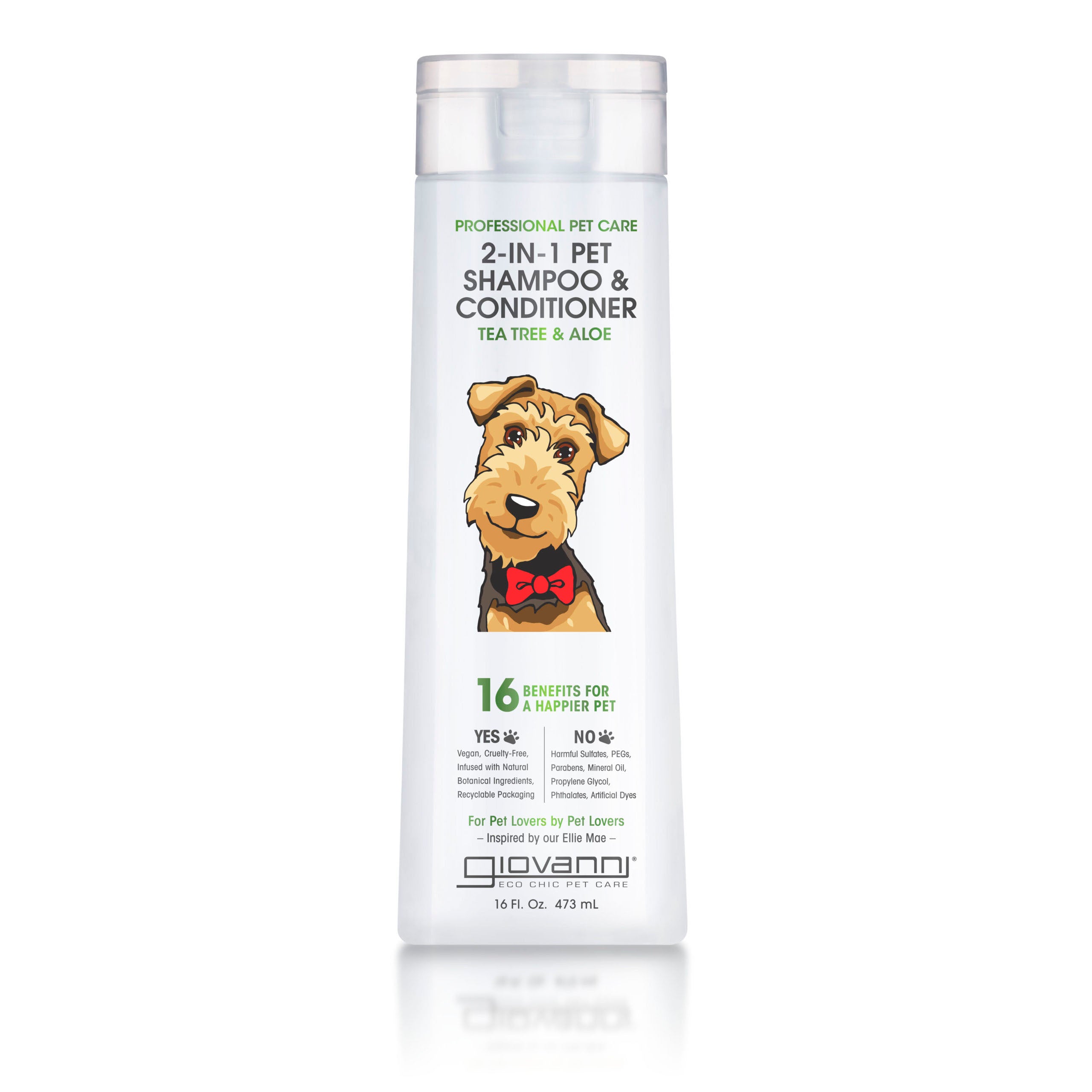 for all (dog) fur types - A white 16 fl oz (473 mL) bottle of Giovanni Cosmetics PROFESSIONAL 2-IN-1 PET SHAMPOO & CONDITIONER - TEA TREE & ALOE, featuring an illustrated dog with a red bow tie on the label, ideal for gentle pet care.