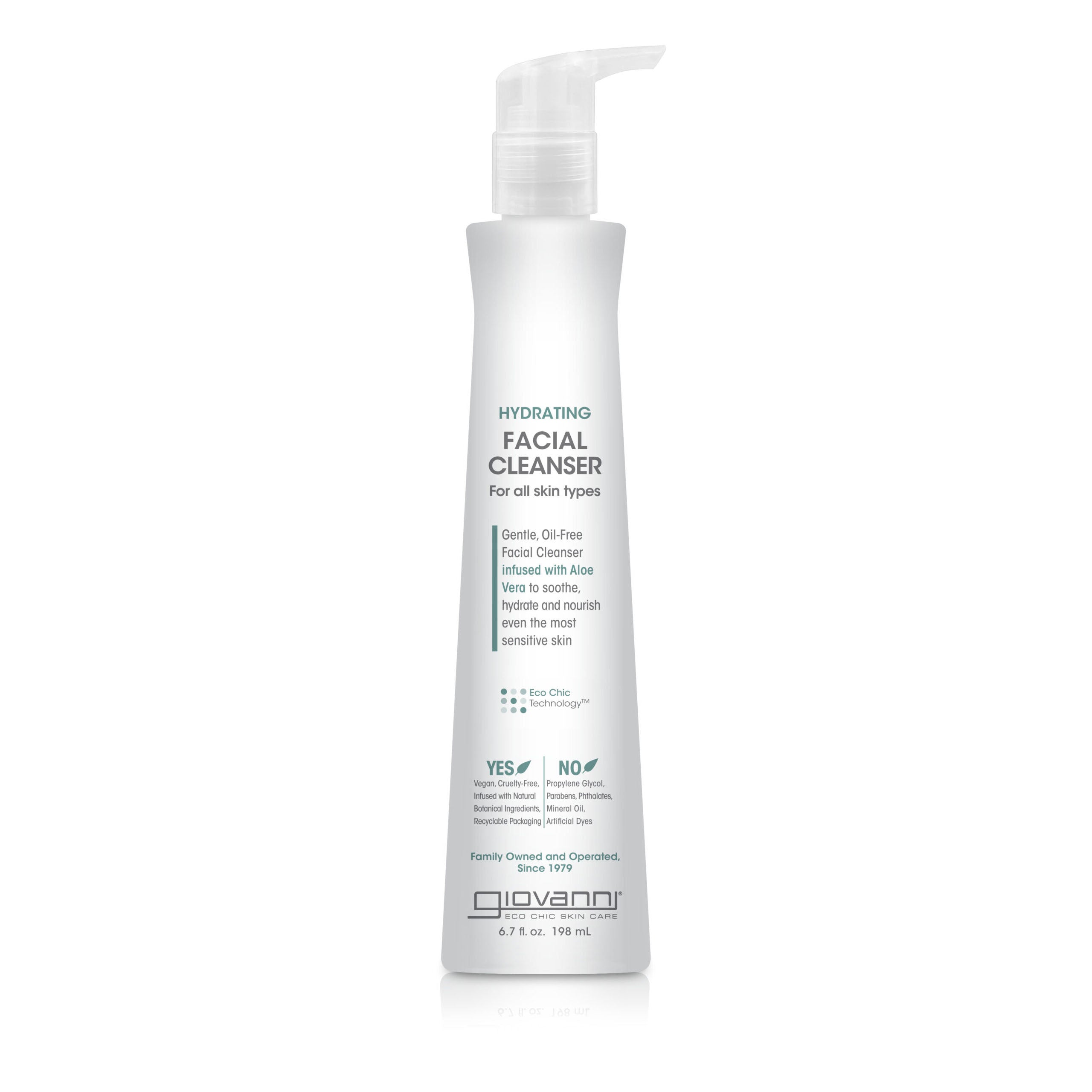 for all skin types - A 6.7 fl oz (198 mL) white bottle of Giovanni Cosmetics HYDRATING FACIAL CLEANSER with pump, suitable for all skin types. This gentle, oil-free cleanser with aloe vera also removes makeup.