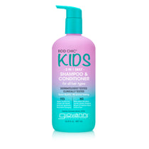 A pink and teal bottle of Giovanni Cosmetics ECO CHIC® KIDS 2 IN 1 SHAMPOO & CONDITIONER with pump top, made for all hair types. This gentle kids shampoo detangles easily, is dermatologist-tested, and cruelty-free.