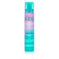 A teal and purple bottle of Giovanni Cosmetics ECO CHIC® KIDS CURL ACTIVATOR SPRAY—an alcohol-free, silicone-free, cruelty-free curl enhancer for kids’ delicate, textured hair.