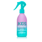 A purple and turquoise spray bottle labeled ECO CHIC® KIDS HAIR SMOOTHING & DETANGLING SPRAY by Giovanni Cosmetics, with a trigger nozzle, offers a gentle, cruelty-free detangling solution that's safe for kids.
