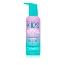 A 4.5 fl oz (133 ml) bottle of Giovanni Cosmetics ECO CHIC® KIDS LEAVE-IN CONDITIONING & STYLING ELIXIR features a blue pump and pink/blue label with “No Animal Testing” and “Vegan.” Ideal for easy styling and tangle-free hair.