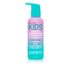 A 4.5 fl oz (133 ml) bottle of Giovanni Cosmetics ECO CHIC® KIDS LEAVE-IN CONDITIONING & STYLING ELIXIR features a blue pump and pink/blue label with “No Animal Testing” and “Vegan.” Ideal for easy styling and tangle-free hair.