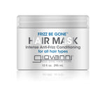 A white 10 fl. oz. (295 mL) container of Giovanni Cosmetics FRIZZ BE GONE™ INTENSIVE ANTI-FRIZZ CONDITIONING HAIR MASK, designed for all hair types, offers deep hydration and frizz control in a minimalist package.