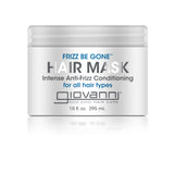 A white 10 fl. oz. (295 mL) container of Giovanni Cosmetics FRIZZ BE GONE™ INTENSIVE ANTI-FRIZZ CONDITIONING HAIR MASK, designed for all hair types, offers deep hydration and frizz control in a minimalist package.