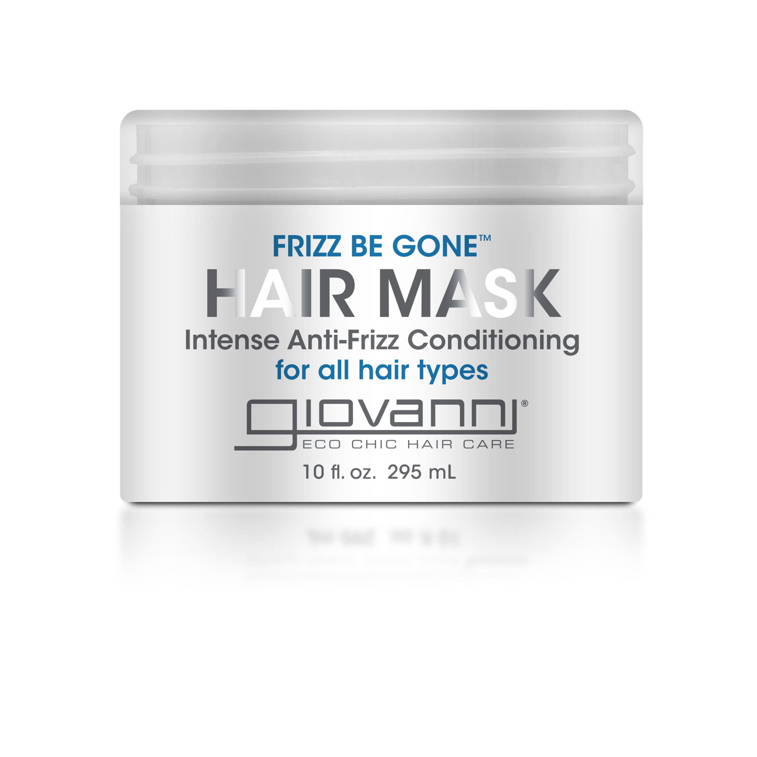 for all hair types - A white 10 fl. oz. (295 mL) container of Giovanni Cosmetics FRIZZ BE GONE™ INTENSIVE ANTI-FRIZZ CONDITIONING HAIR MASK, designed for all hair types, offers deep hydration and frizz control in a minimalist package.