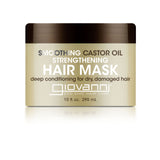 A beige and brown 10 fl. oz. (295 mL) container of Giovanni Cosmetics SMOOTHING CASTOR OIL STRENGTHENING HAIR MASK, designed to hydrate dry and condition damaged hair.