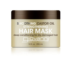 A beige and brown 10 fl. oz. (295 mL) container of Giovanni Cosmetics SMOOTHING CASTOR OIL STRENGTHENING HAIR MASK, designed to hydrate dry and condition damaged hair.