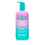 A bottle of Giovanni Cosmetics ECO CHIC® KIDS NOURISHING & DETANGLING HAIR CONDITIONER features a pink-to-blue gradient, turquoise pump, and label emphasizing salon-quality, tangle-free care, no animal testing, and nourishing conditioning benefits.