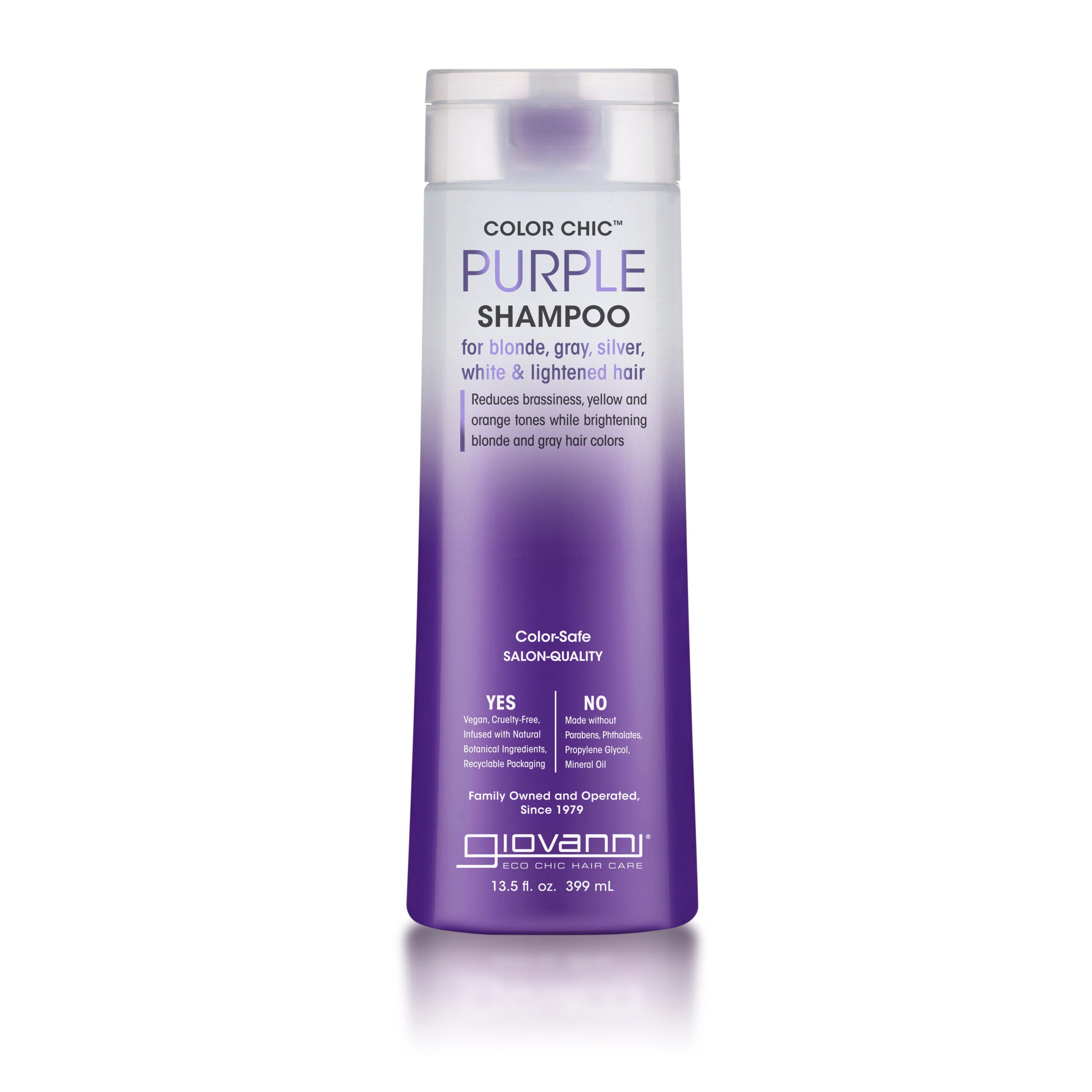for blonde, gray, silver, white & lightened hair - Giovanni Cosmetics COLOR CHIC™ PURPLE SHAMPOO, with a purple gradient bottle, is ideal for blonde, gray, silver, white, or lightened hair and effectively neutralizes brassy tones.
