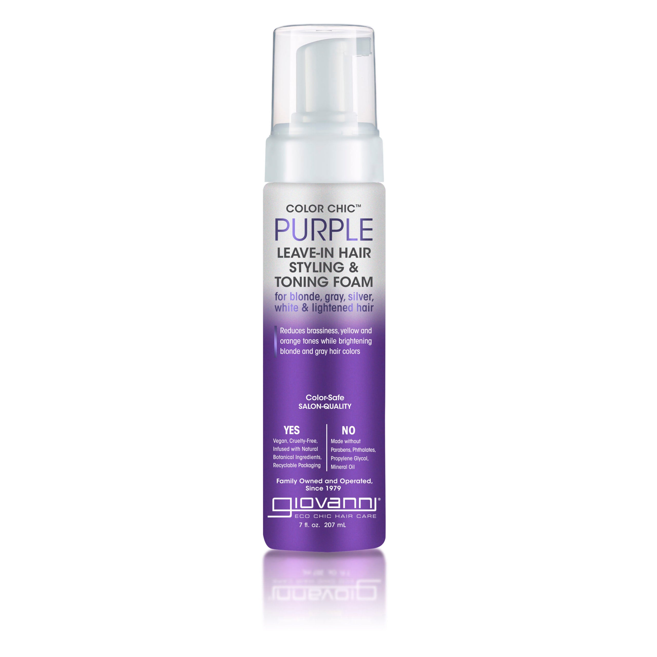 for blonde, gray, silver, white & lightened hair - Giovanni Cosmetics COLOR CHIC™ Purple Leave-In Hair Styling & Toning Foam, with a white-to-purple gradient design, is ideal for blonde, gray, silver, white, and lightened hair as a purple leave-in conditioner and anti-brass treatment.