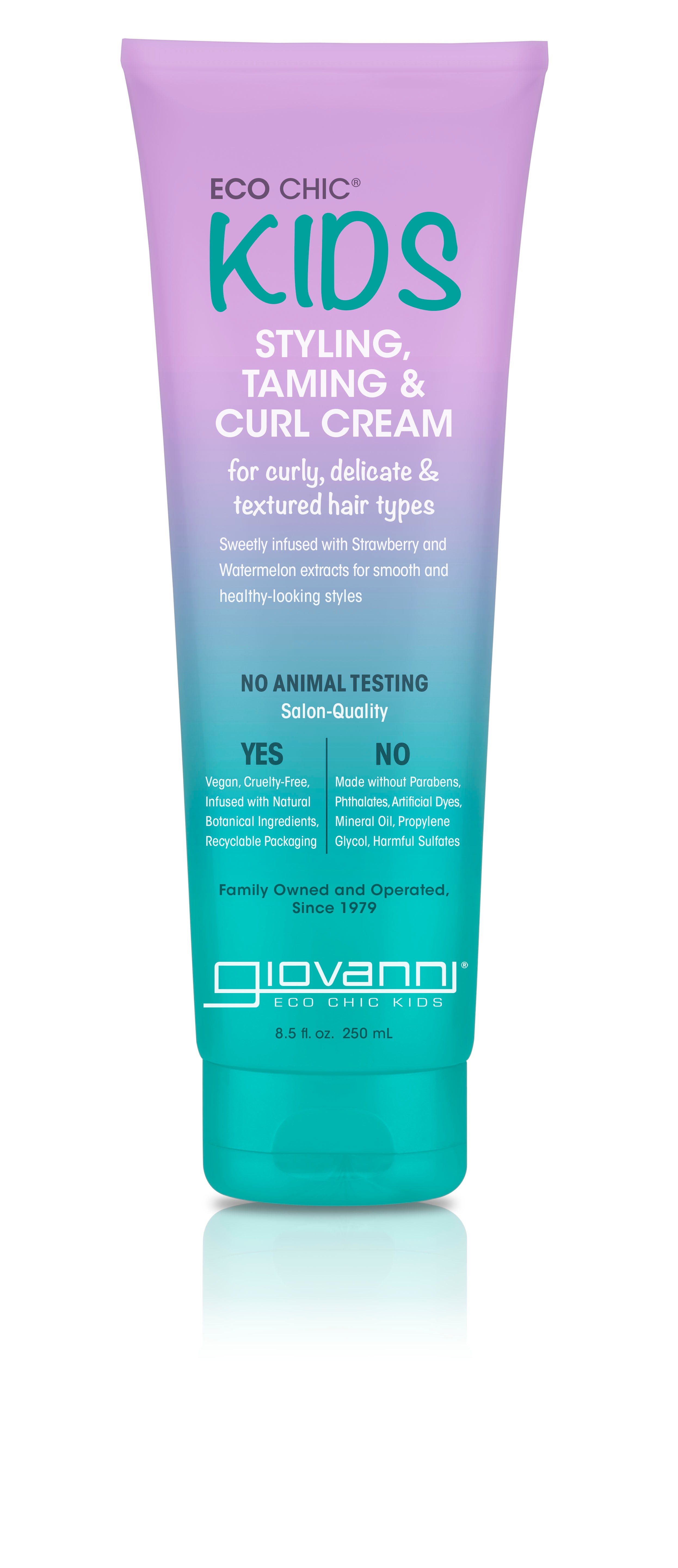 An 8.5 fl. oz. (250 ml) tube of Giovanni Cosmetics ECO CHIC® KIDS STYLING TAMING & CURL CREAM with a purple-to-teal gradient, ideal for styling kids’ curly, delicate hair with natural ingredients and no animal testing.