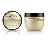 Two jars of Giovanni Cosmetics SMOOTHING CASTOR OIL LEAVE-IN CONDITIONER, a frizz-taming solution for all hair types, with brown lids and beige containers featuring product name and details on the label.