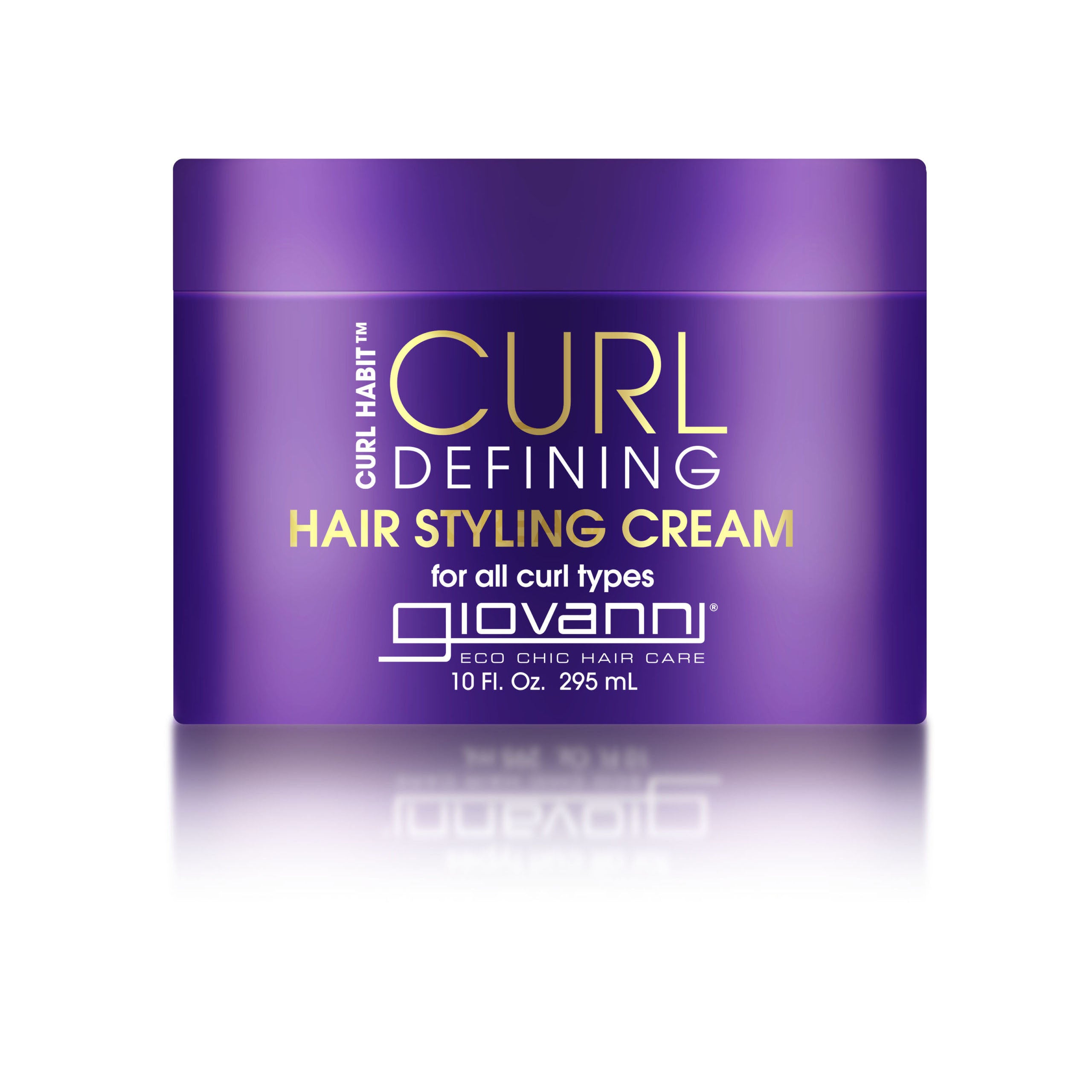 CURL DEFINING CREAM FOR ALL CURL TYPES - A 10 fl. oz. (295 mL) purple container of Giovanni Cosmetics CURL HABIT™ Curl Defining Hair Styling Cream for all curly hair types, enriched with moisturizing oils and labeled Eco Chic Hair Care.