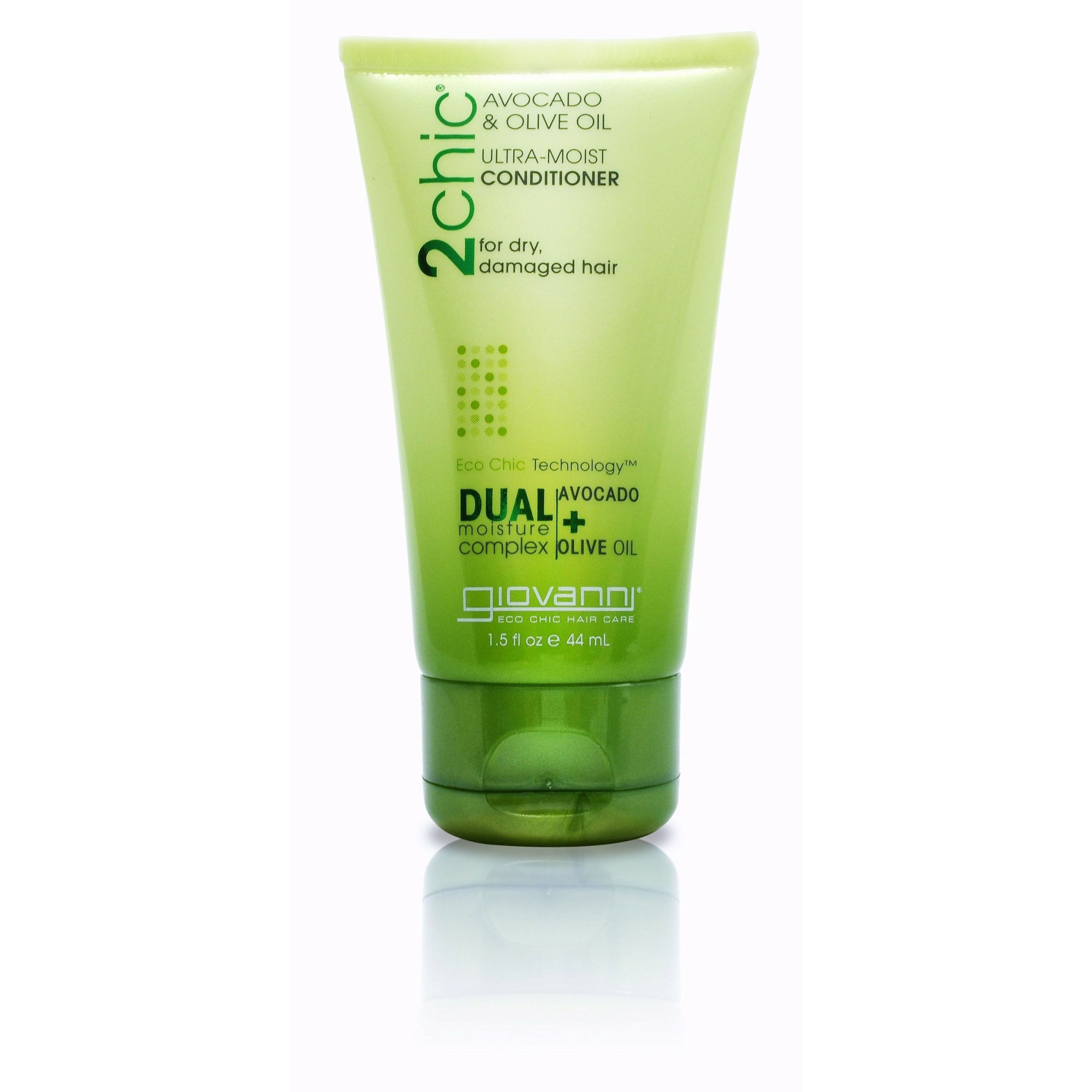 Recommended for Dry Hair - A green tube of Giovanni Cosmetics 2chic® ULTRA-MOIST CONDITIONER (Travel Size), a color-safe conditioner for dry, damaged hair. The 1.5 fl oz (44 ml) tube stands upright on a white background.