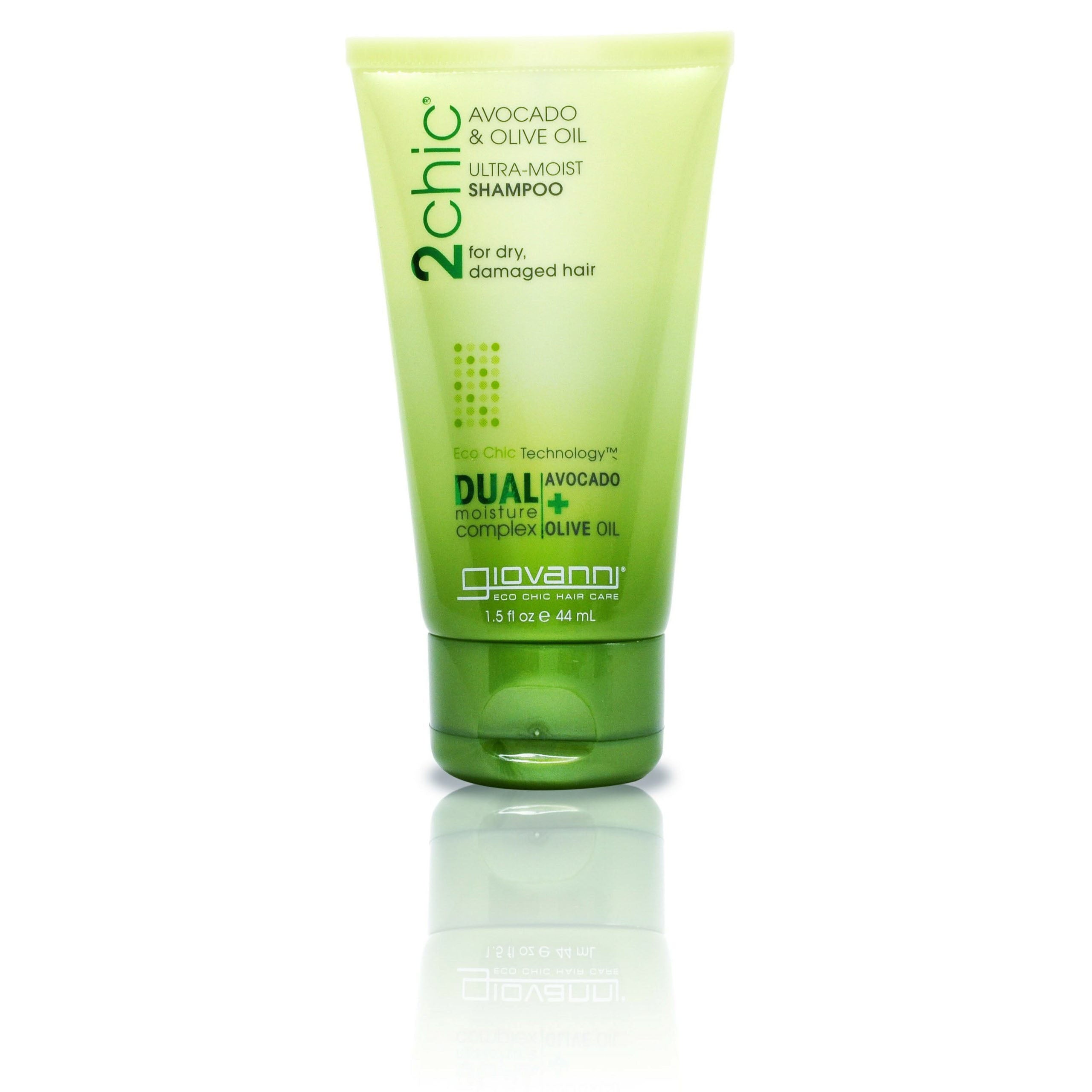 Recommended for Dry Hair - A travel-size tube of Giovanni Cosmetics 2chic® ULTRA-MOIST SHAMPOO, in green and yellow packaging, nourishes and protects dry, damaged hair. This color-safe shampoo helps restore strands while displaying product details on the front.