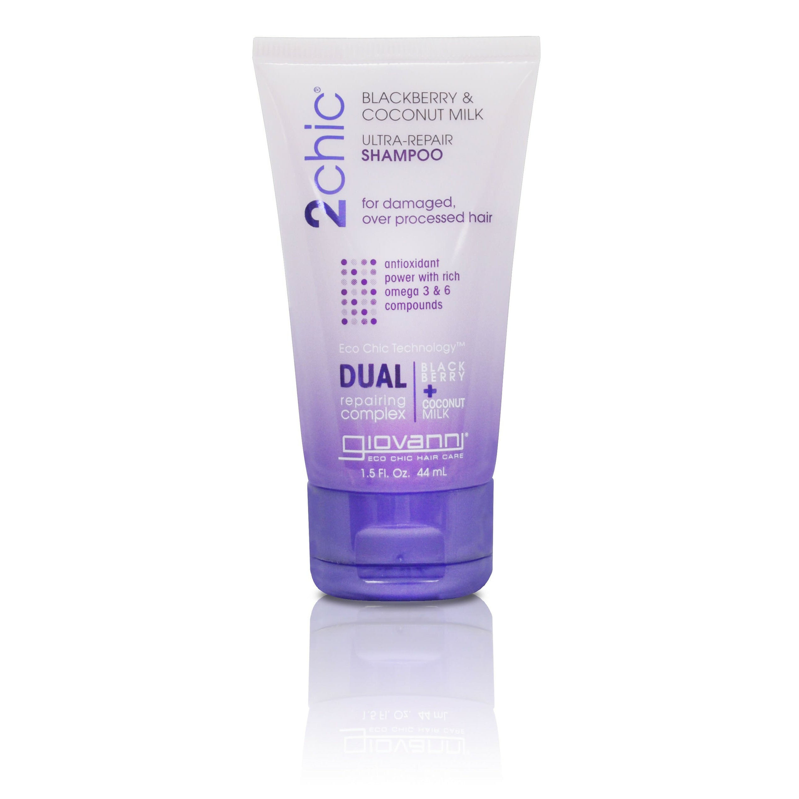 Recommended for Over-Processed Hair - Travel size bottle of 2chic Blackberry & Coconut Milk Ultra- Repairing Shampoo by Giovanni.
