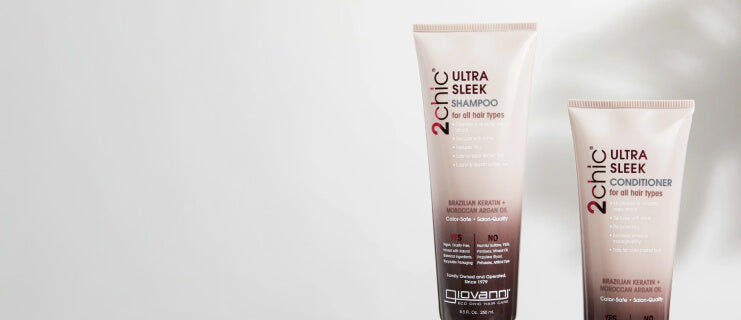 Bottles of Giovanni 2Chic Ultra Sleek Shampoo and Conditioner