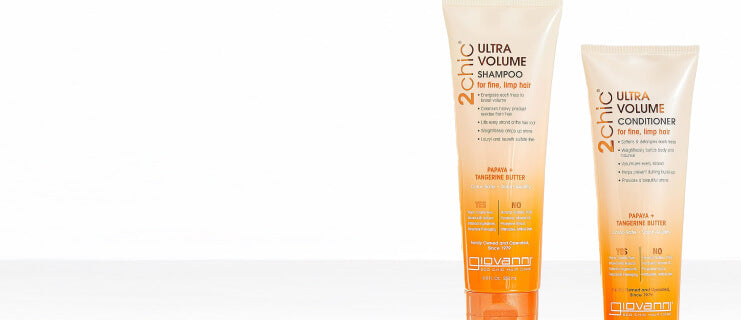 Bottles of Giovanni 2Chic Ultra Volume Shampoo and Conditioner