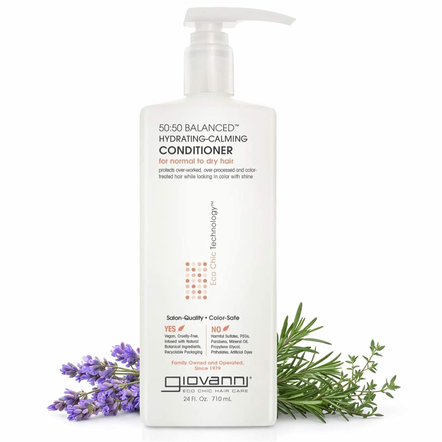 A gallon-sized white bottle of Giovanni Cosmetics 50:50 BALANCED™ HYDRATING-CALMING CONDITIONER stands upright with a pump beside lavender and rosemary sprigs on a white background. This color-safe conditioner hydrates and calms hair.