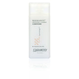 A white travel-size bottle of Giovanni Cosmetics 50:50 BALANCED™ HYDRATING-CALMING CONDITIONER for normal to dry hair features minimal text, orange accents, and packaging that promotes eco chic technology and organic hair care.