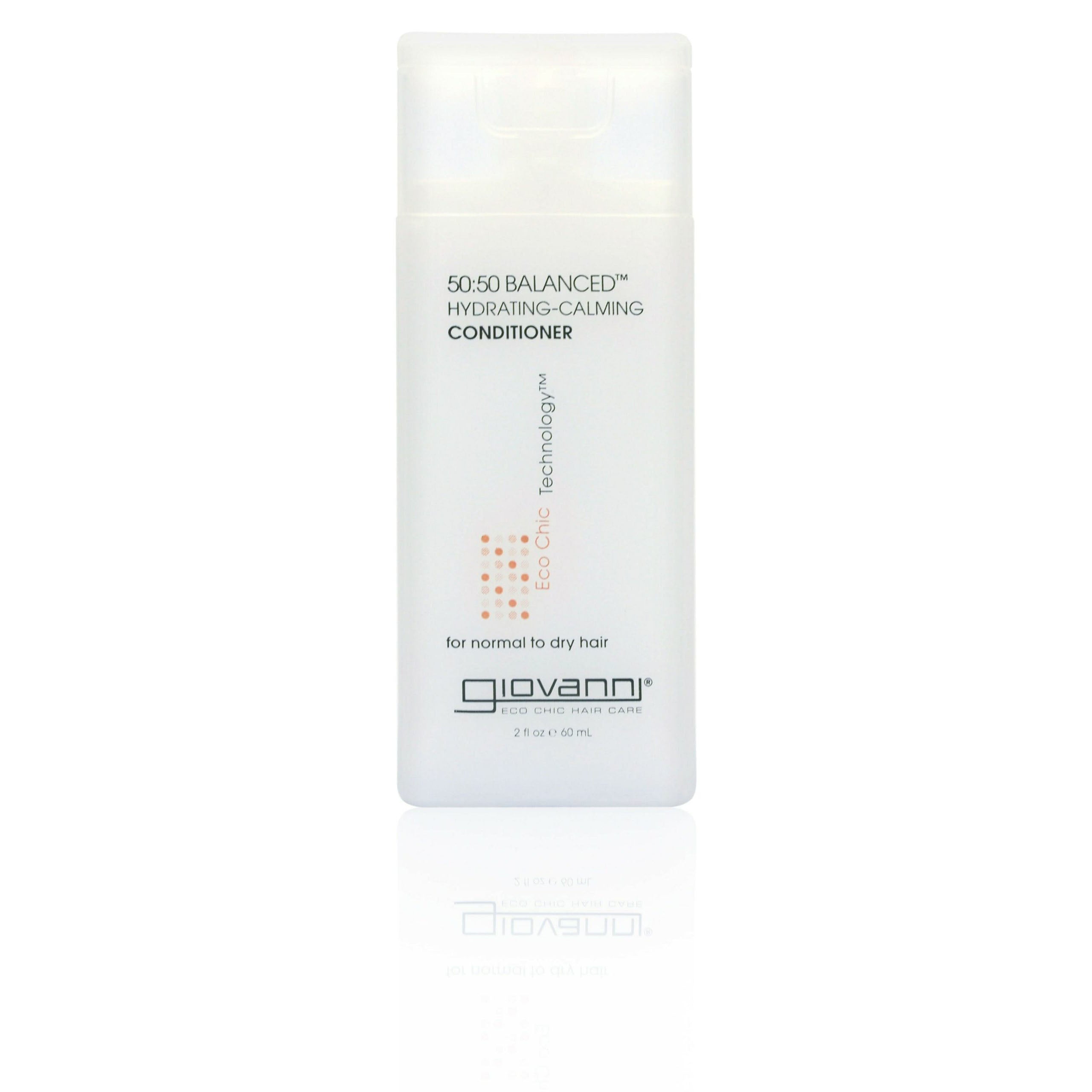 TRAVEL-SIZED CONDITIONER FOR NORMAL TO DRY HAIR - A white travel-size bottle of Giovanni Cosmetics 50:50 BALANCED™ HYDRATING-CALMING CONDITIONER for normal to dry hair features minimal text, orange accents, and packaging that promotes eco chic technology and organic hair care.