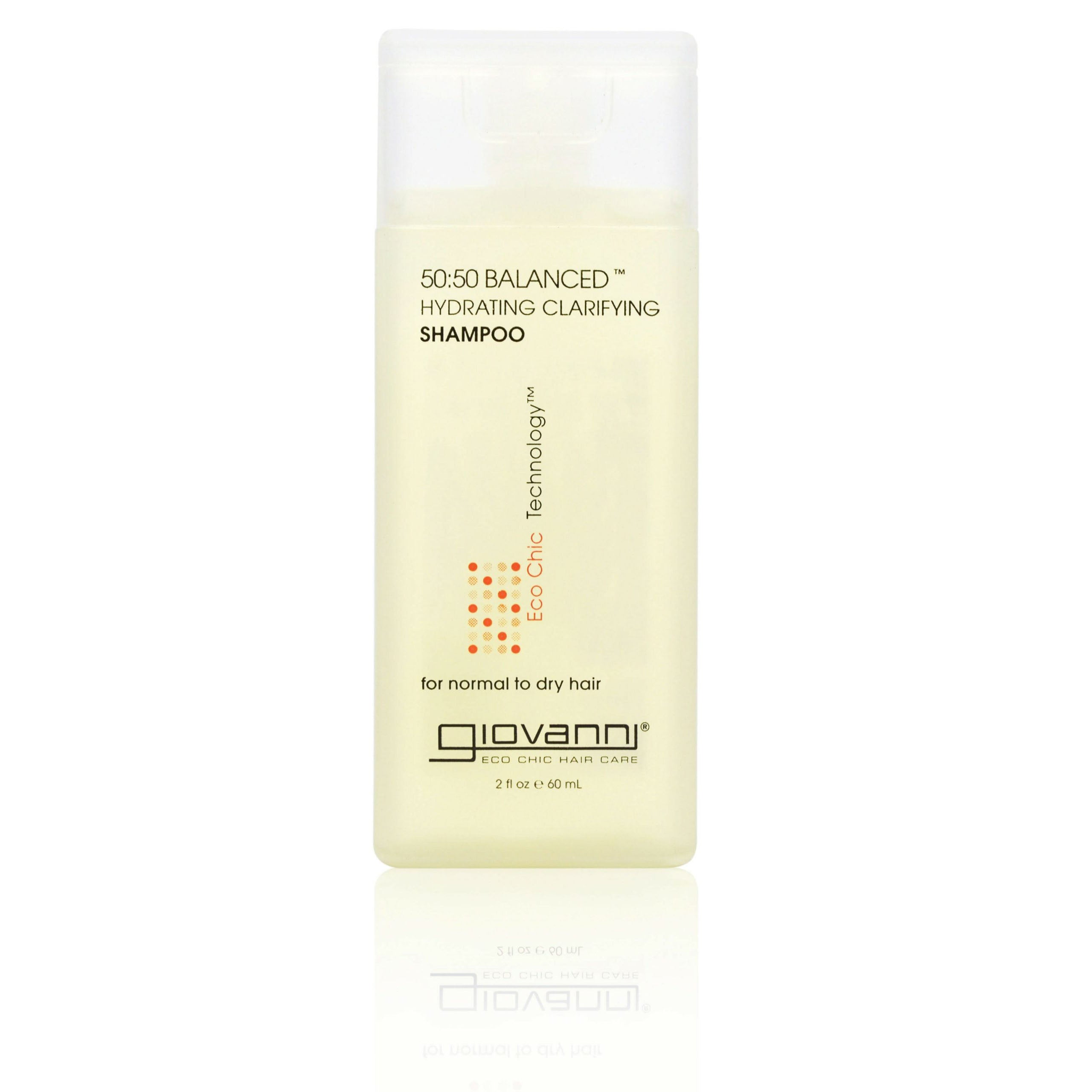 Recommended for Normal to Dry Hair - A travel-size clear plastic bottle of Giovanni Cosmetics 50:50 BALANCED™ HYDRATING-CLARIFYING SHAMPOO, color-safe and hydrating for normal to dry hair, features a white cap and minimalist black text.