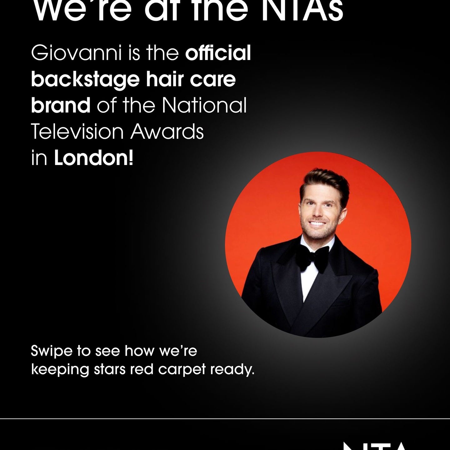 Promotional graphic for Giovanni hair care at National Television Awards with a man in a tuxedo.