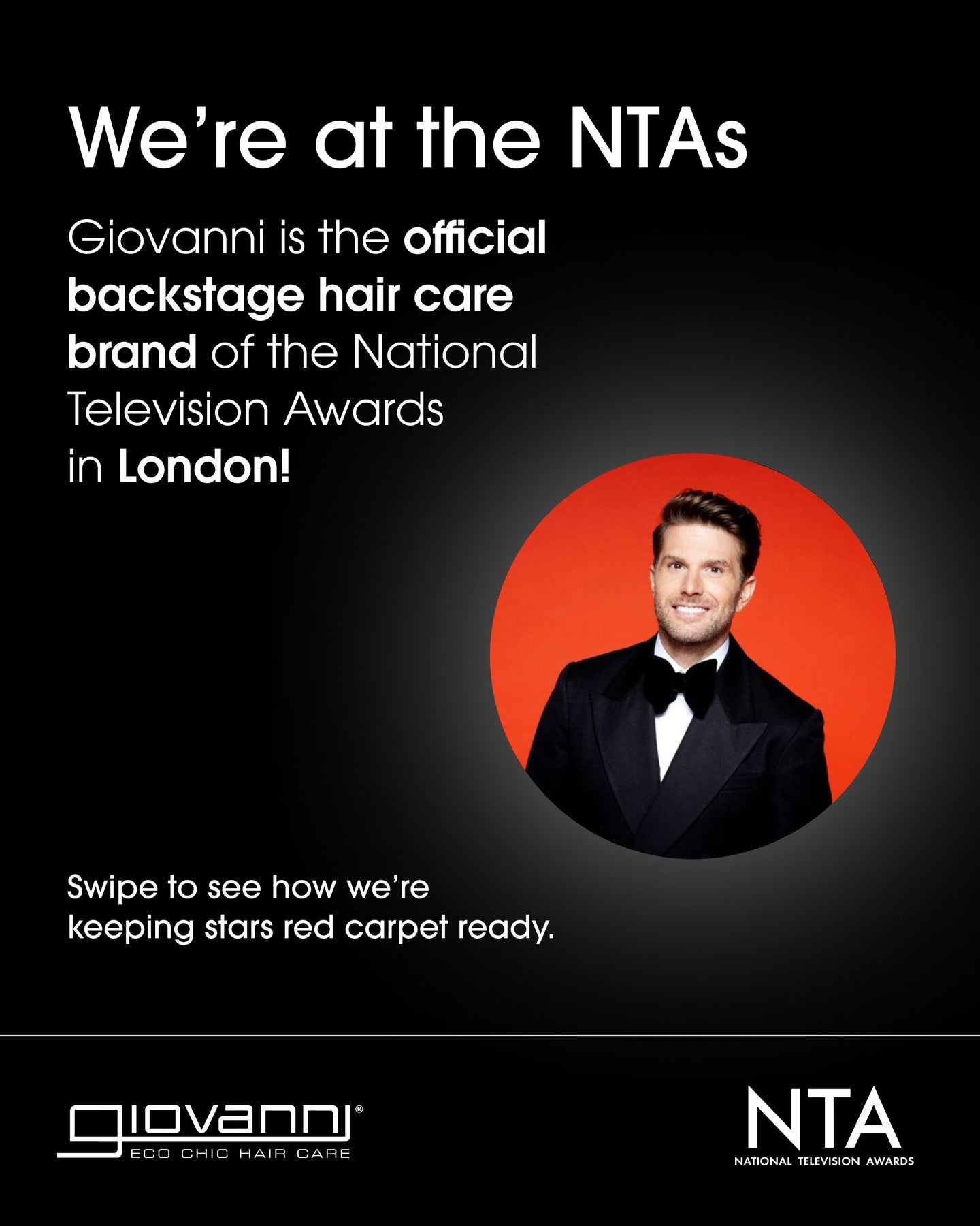 Promotional graphic for Giovanni hair care at National Television Awards with a man in a tuxedo.
