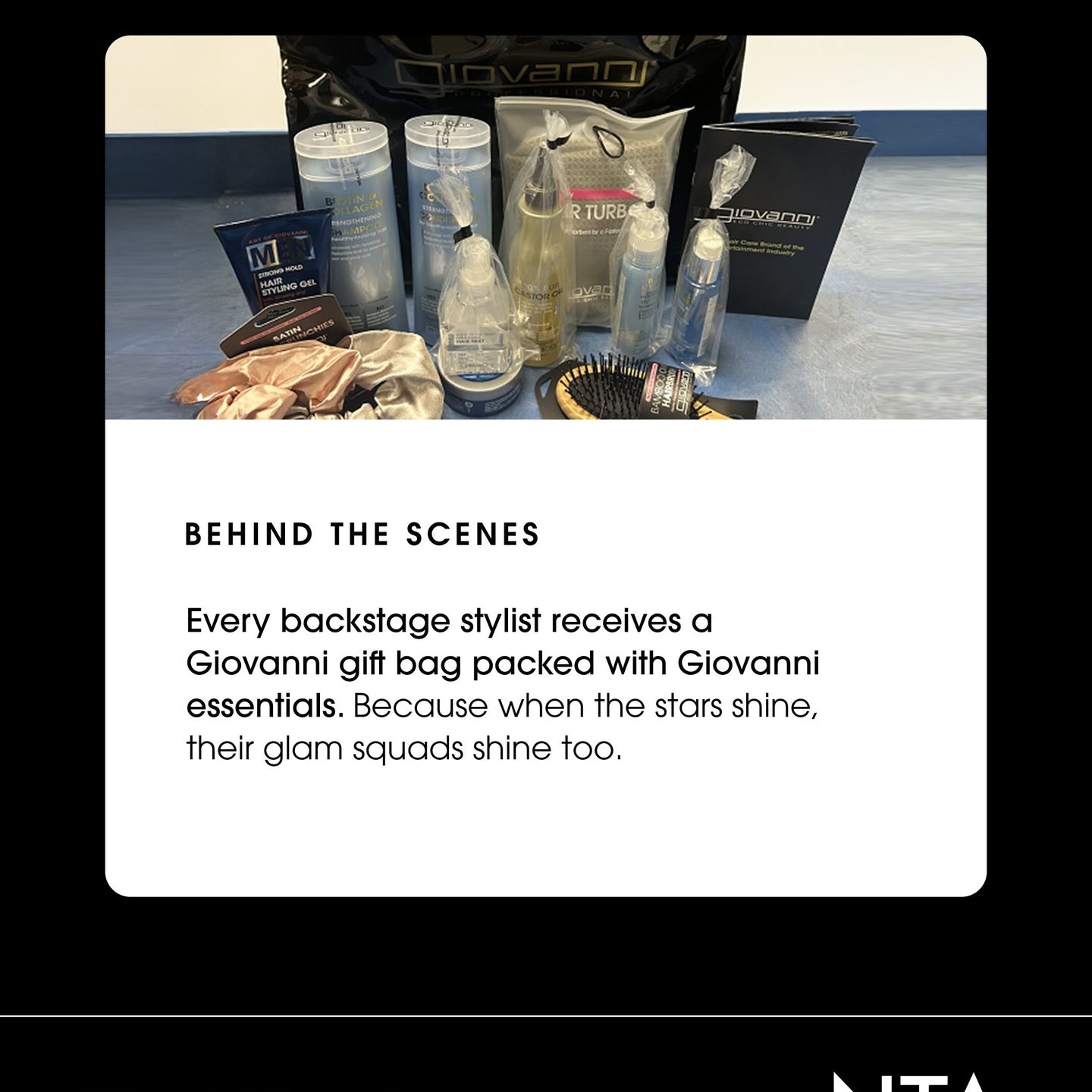 Giovanni gift bag with hair care products on a black background