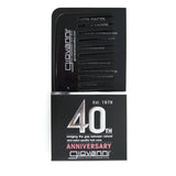 The black and silver GIOVANNI® 40th ANNIVERSARY WIDE TOOTH HAIR COMB by Giovanni Cosmetics features bold “40th” text, “Est. 1979,” and inner flap product facts on detangling and reducing hair breakage.