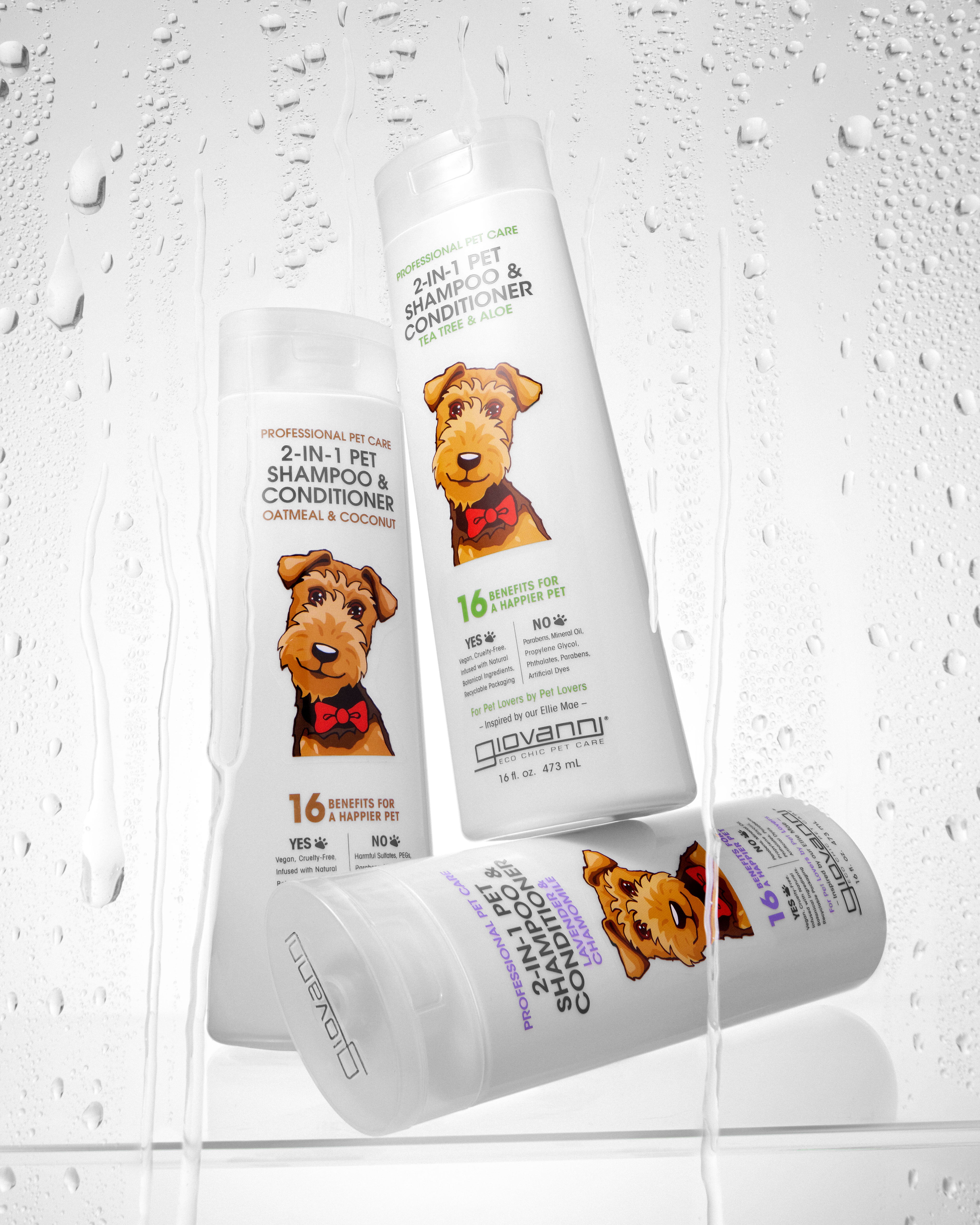 Image of bottles behind glass - Eco Chic PET Professional 2-in-1 Shampoo & Conditioner in Oatmeal Coconut, Lavender and Tea Tree