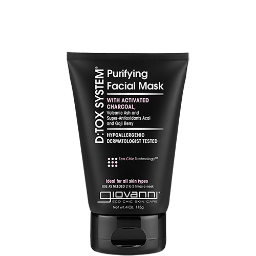 for all skin types - A black tube of Giovanni Cosmetics D:TOX SYSTEM® PURIFYING FACIAL MASK stands upright against a white background, highlighting its detoxifying formula and suitability for all skin types.