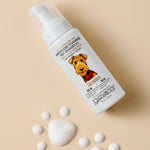 Giovanni Cosmetics PROFESSIONAL WATERLESS FOAMING PET SHAMPOO - OATMEAL & COCONUT features an illustrated dog on the label, surrounded by foam bubbles on a beige background—ideal for pets needing gentle, sensitive skin care.