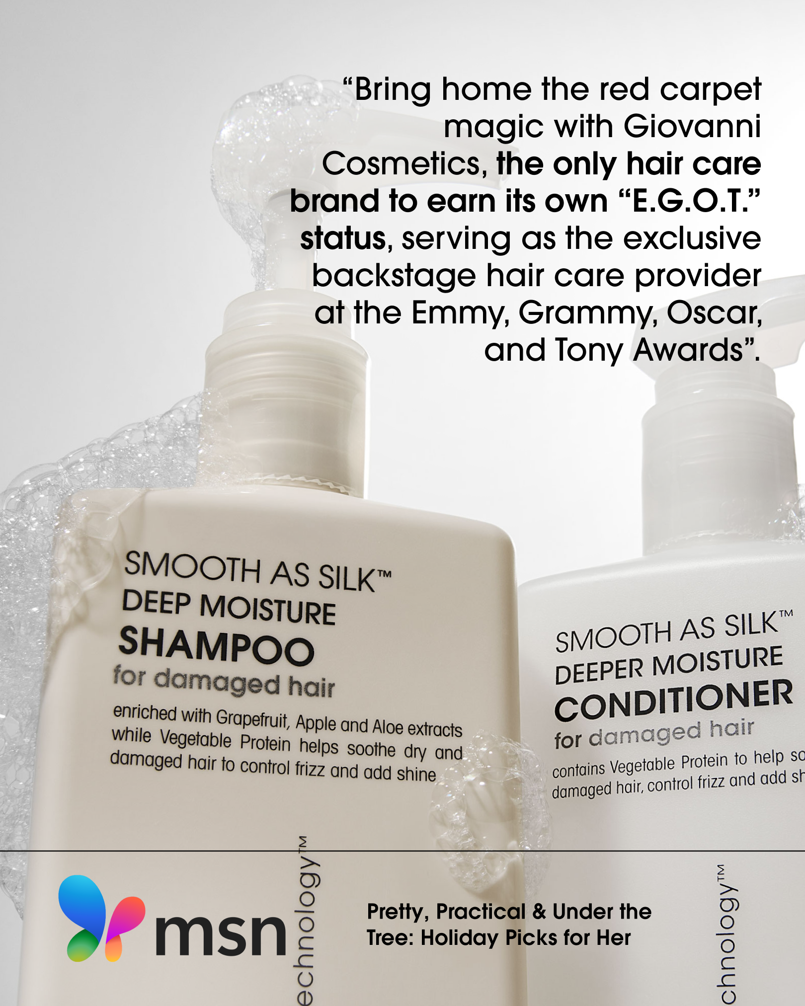 Two bottles of Giovanni Cosmetics SMOOTH AS SILK™ DEEP MOISTURE SHAMPOO, featuring bubbles and text highlighting their exclusive status as a color-safe shampoo provider for the Emmy, Grammy, Oscar, and Tony Awards.