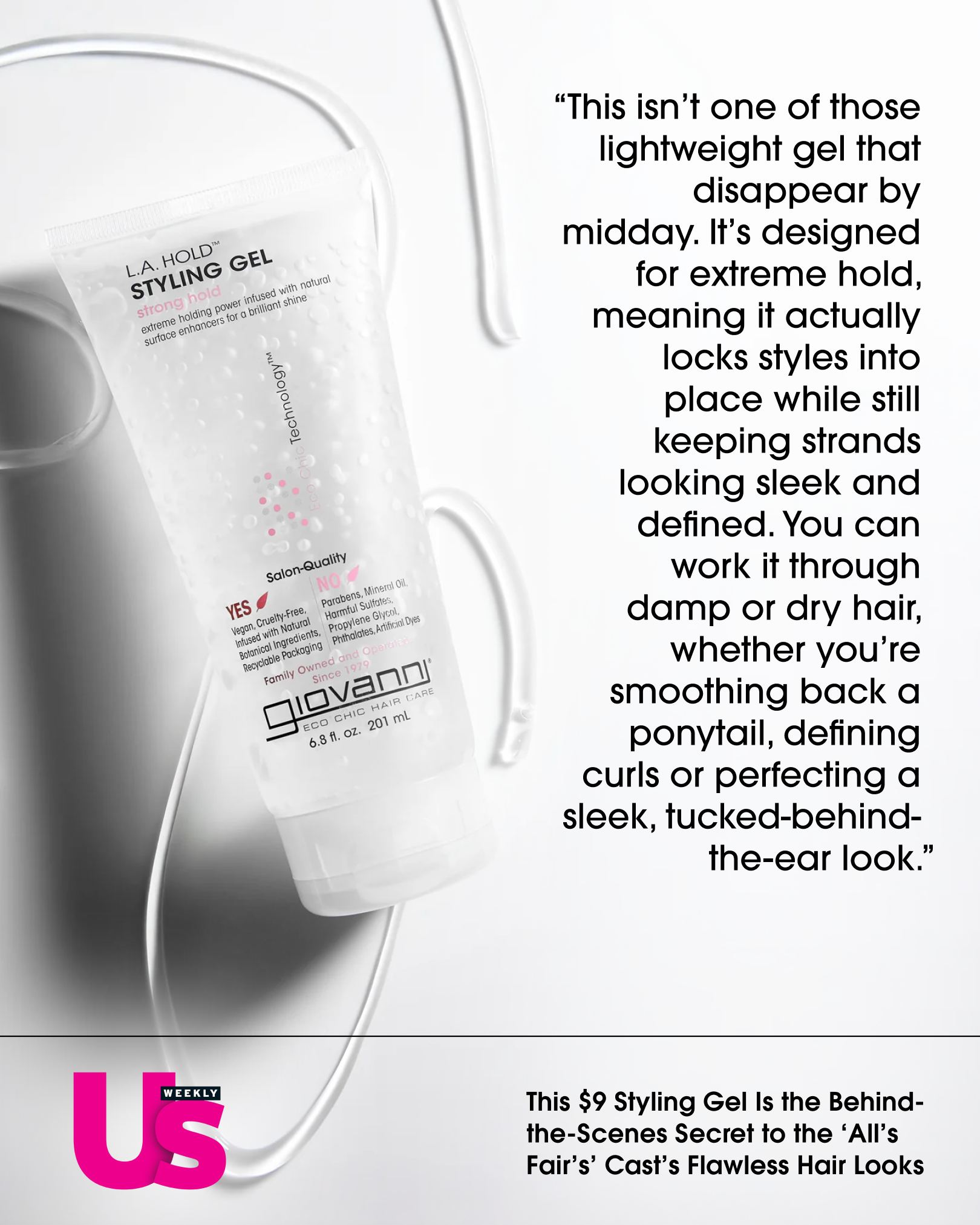 A tube of Giovanni Cosmetics L.A. HOLD™ STYLING GEL, a top strong-hold, color-safe gel, rests on marble. Nearby is its description noting hold and versatility, alongside the Us Weekly logo and price details.