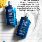 Two bottles of Giovanni Men's hair care products on a white towel with text about product quality and packaging.
