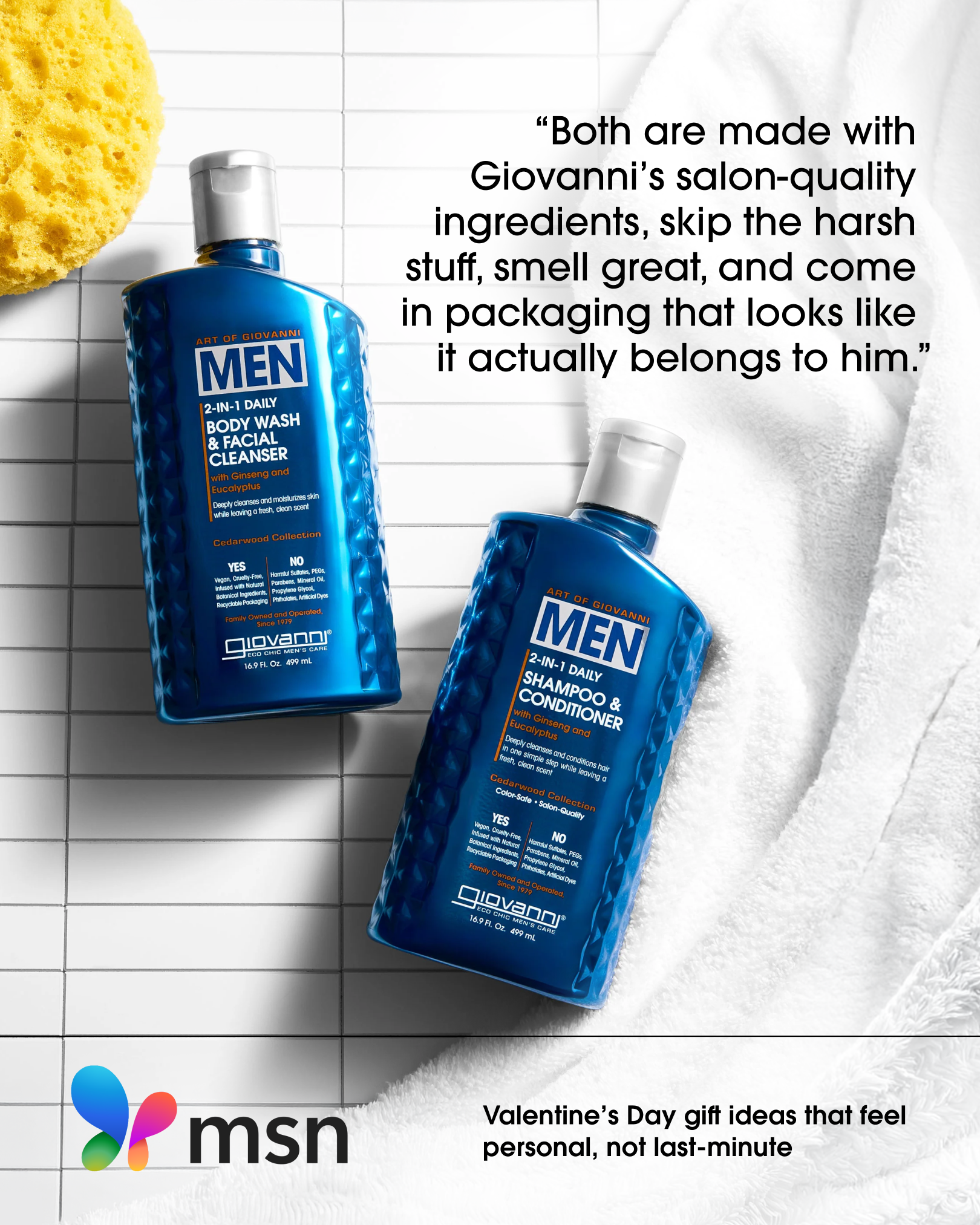 Two bottles of Giovanni Men's hair care products on a white towel with text about product quality and packaging.