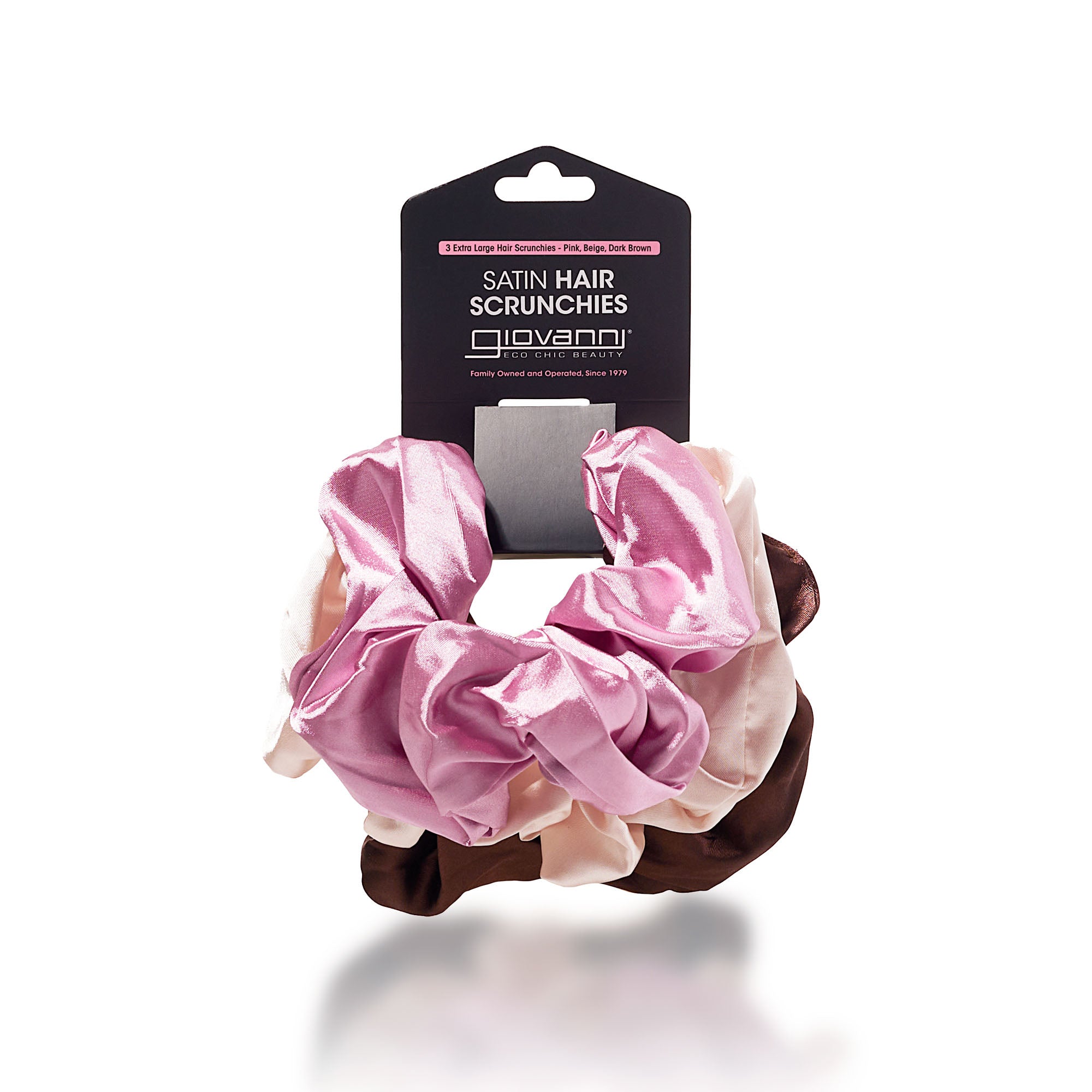 for healthy & stylish looking hair - The Giovanni Cosmetics SATIN HAIR SCRUNCHIES 3 pack includes blush, beige, and dark brown shades—ideal for salon-quality hair care and a stylish addition to your hair accessory collection.